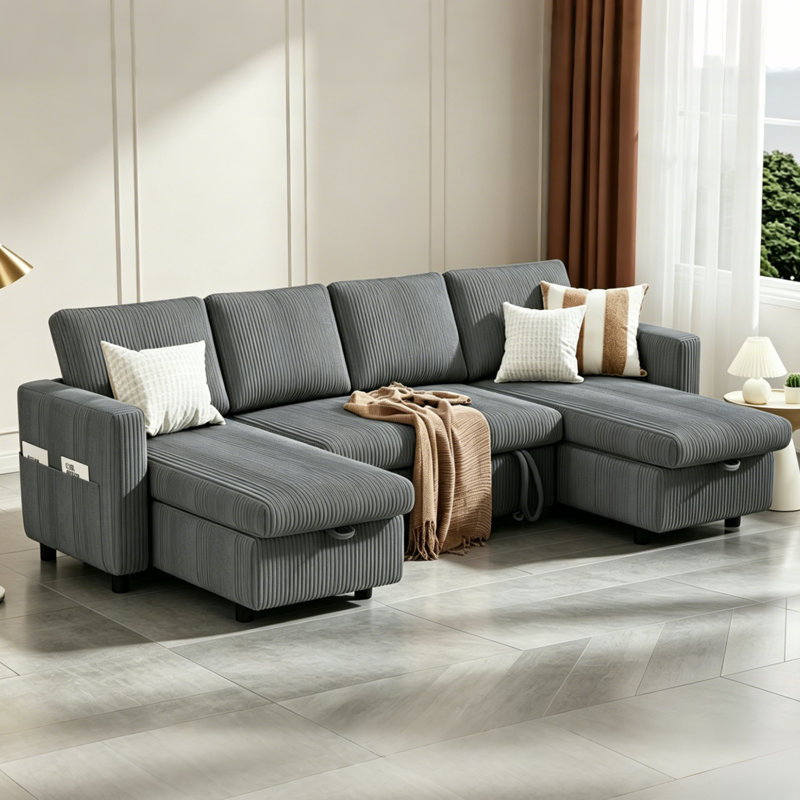 Canapé-lit d'angle en forme de L de 206 cm avec lit gigogne et méridienne de rangement, chenille, L-shape, Grey