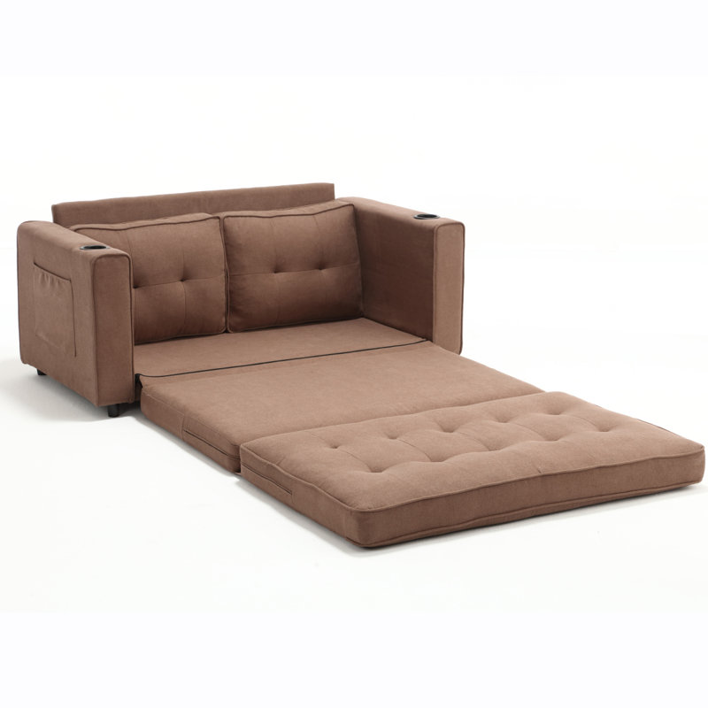 3-In-1 Upholstered Futon Sofa Convertible Floor Sofa Bed,Foldable Tufted Loveseat With Pull Out Sleeper Couch Bed, Brown
