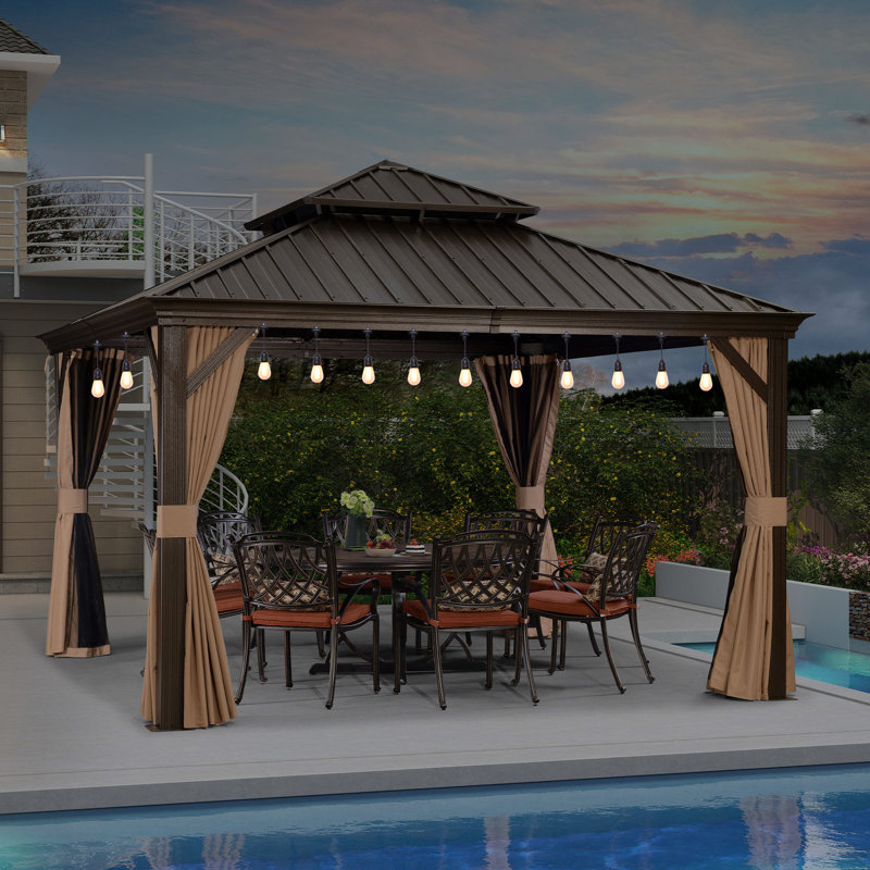 Pavillon de jardin à toit rigide 12 pi x 12 pi pourpre avec lumières DEL 48 pi