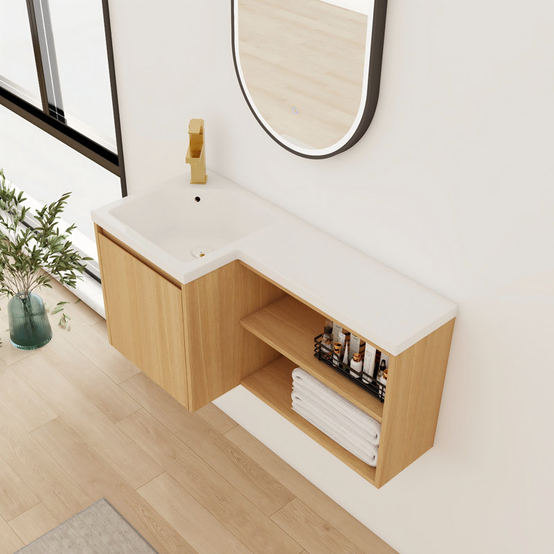 Meuble-lavabo mural 36 po avec lavabo droit en résine, meuble-lavabo d'angle flottant avec 2 portes à fermeture douce et 1 tablette
