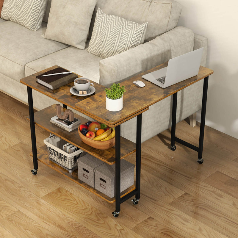 17 Storeys 360° Rotatable Sofa Side Table L-shaped Laptop Desk Snack Table Withshelf Patented, Brown/Black