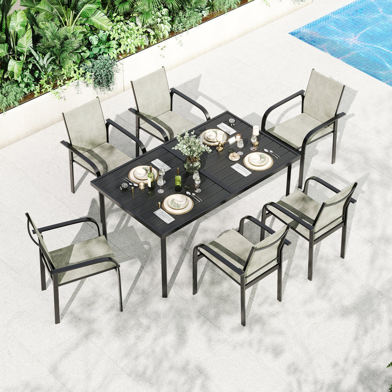 7-Piece Outdoor Patio Dining Set for 6, 55" Rectangle Table with 6 Textilene Chairs, Iron Armrests, Weather-Resistant Furniture for Lawn, Porch, Balcony, or Poolside