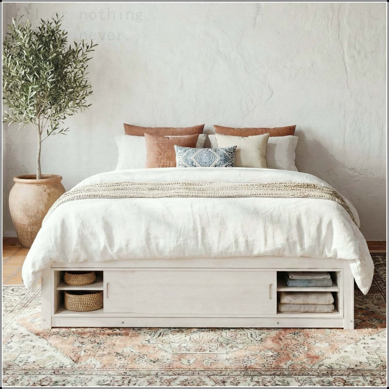 Structure de lit plateforme grand avec 4 tiroirs et pied de lit, Blanc