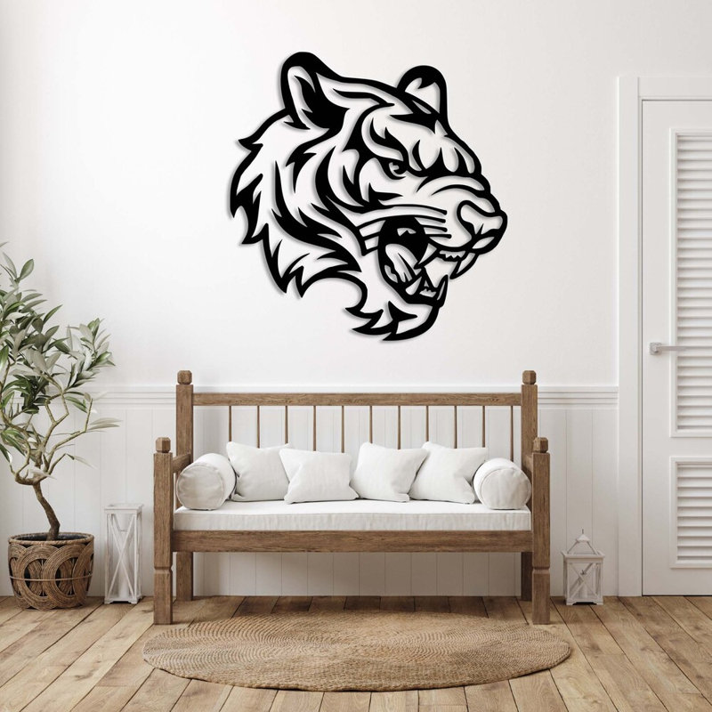 Art mural en métal tête de tigre rugissant - décoration murale de grand chat sauvage - sculpture de tigre de la jungle féroce - safari, décoration rustique à la maison - décoration murale en fer industriel moderne - œuvre d'art sauvage audacieuse 