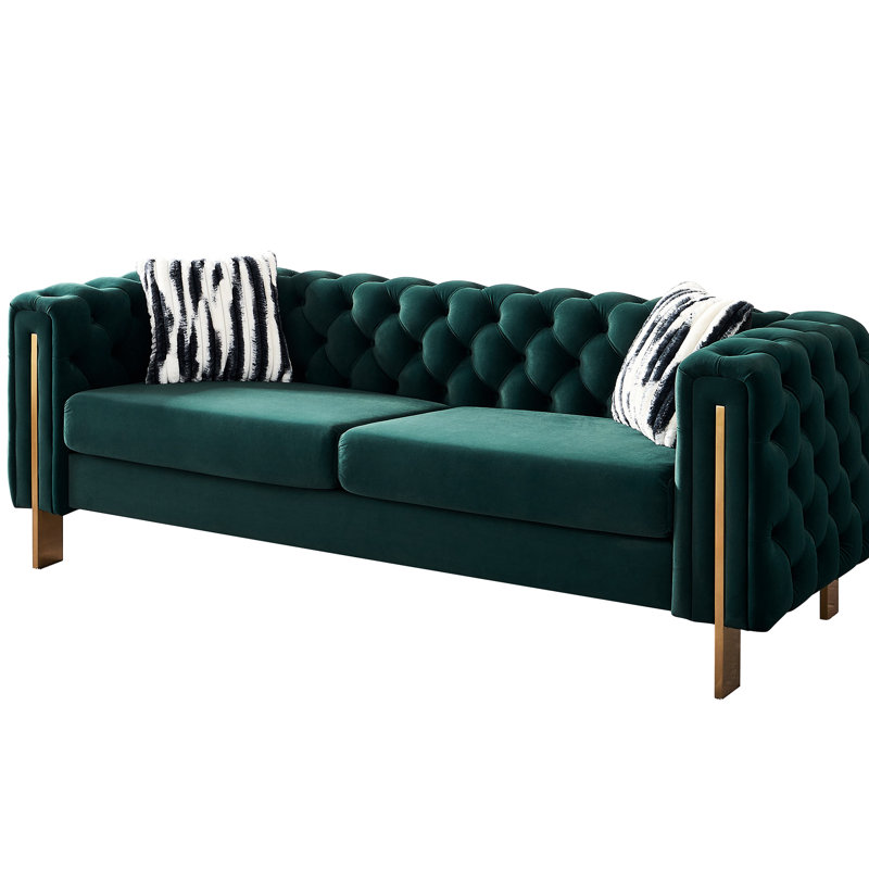 Velvet In , 84.25''W, With Gold Legs And Construction For Reliability 84.25''W Back Side Panels, Metal Fabric, Green, Gold
