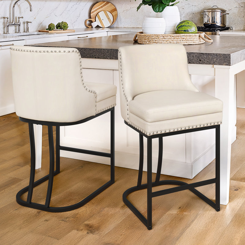 Donicia 26'' H Upholstered Metal Counter Stools, Faux Leather/Ivory, 2
