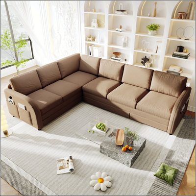 115.2 Inch L-Shaped Sofa with Pull-Out Bed, Oversized Convertible Sleeper Sofa, Sherpa Fleece Upholstered Sectional Couch,