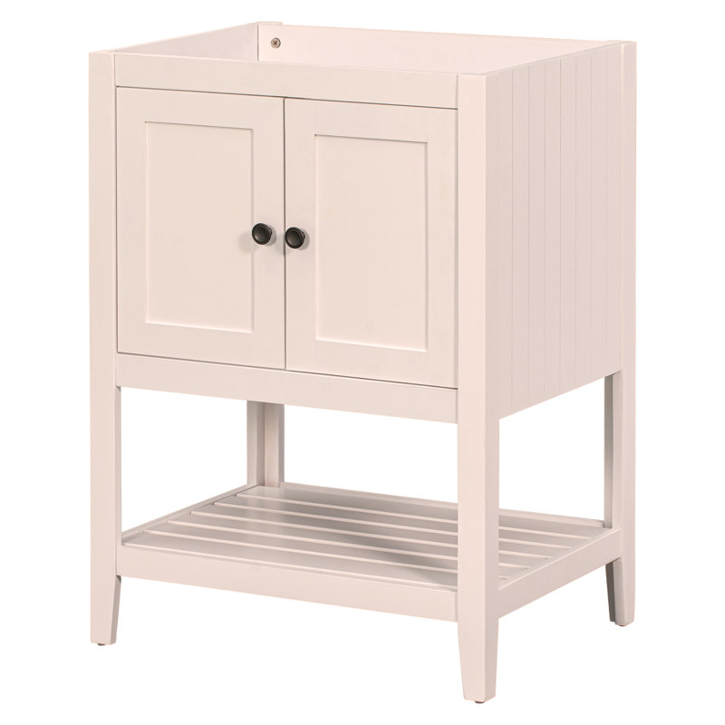 Base de meuble-lavabo 24 po seulement, structure en bois massif, armoire de rangement avec portes et tablette ouverte, Blanc
