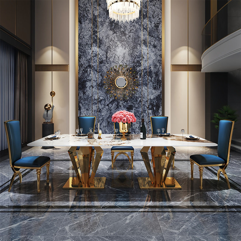 Luxury Rectangular Rock Slab Dining Table Sets, 29.9"H x 78.7"L x 35.4"W