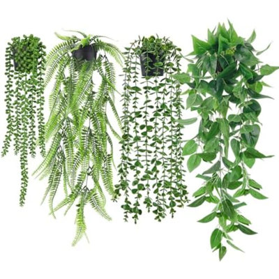 4Pcs Fake Plants Hanging Artificial Ivy Vine Faux Eucalyptus Hanging Plants, Boston Fern, String Of Pearls For Living Room Aesthetic Bedroom Boho Kitche Wall Shelf Indoor Outdoor Décor