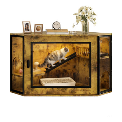 Tiger - 48" Corner Cat Litter Box With Clear Acrylic Door, Led Strip, And Compact Space Usage Look Efficient Arrangement