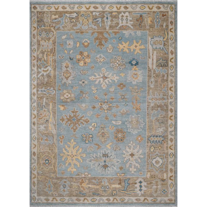 Dunes Oriental Hand-Knotted Wool Area Rug in Blue/Brown/Yellow, Rectangle 8' x 11'