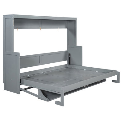 Gray Queen Wall Bed With Hydraulic Lift And Desk Setup, Space - Saving For Multifunctional Areas, 600 Lbs Capacity Frame, Built In Mattress Storage, 10 Inch Good Rest Hinged Desk, Flats, Storage