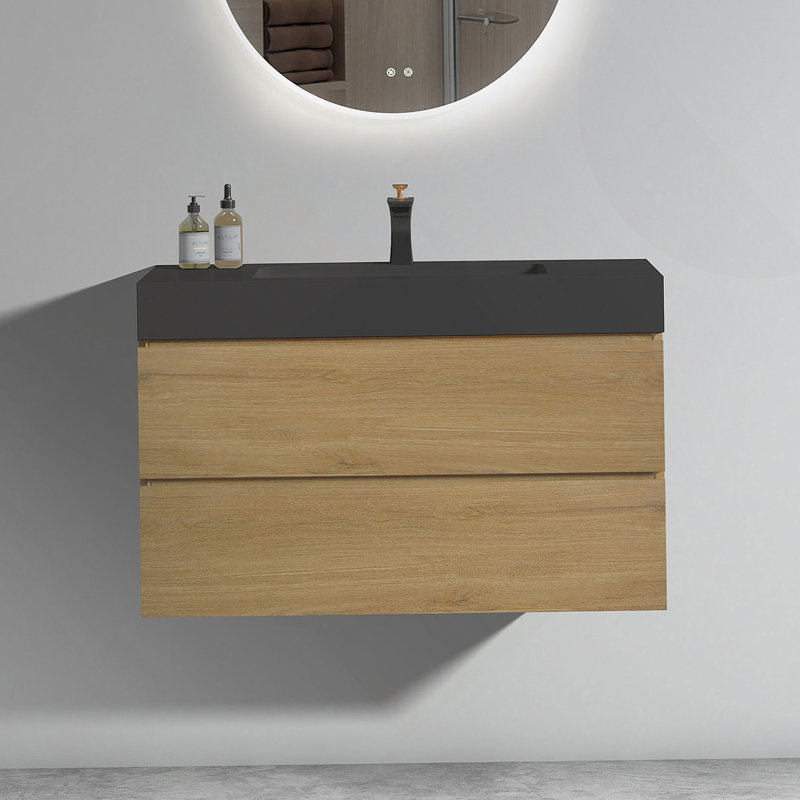 Meuble-lavabo mural 36 po en chêne naturel avec lavabo, grande salle de bain flottante murale, Noyer, 36", Noir