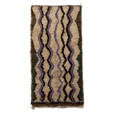 Tapis unique en laine noué à la main style tribal des années 1950 de 4 pi 4 po x 8 pi 4 po beige