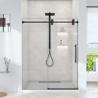 56"-60"W*72"H Frameless Single Sliding Shower Door – 5/16" (8mm) Clear Tempered Glass, Bypass Design with Matte Black Finish