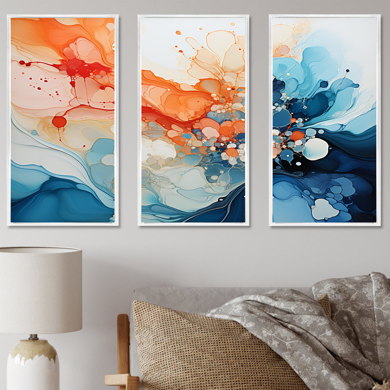 «Orange and Teal Essence Ink», ensemble d'art mural sur toile à l'encre liquide, H 40 po x l 60 po x P 1 po