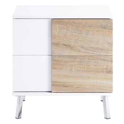 Stylish Metal End Table With 2 Drawers, White High Gloss And Natural Style Modern Drawer Convenience For Home Decor