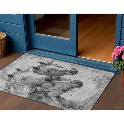 3' X 5' Grey Horse Washable Indoor Outdoor Area Rug