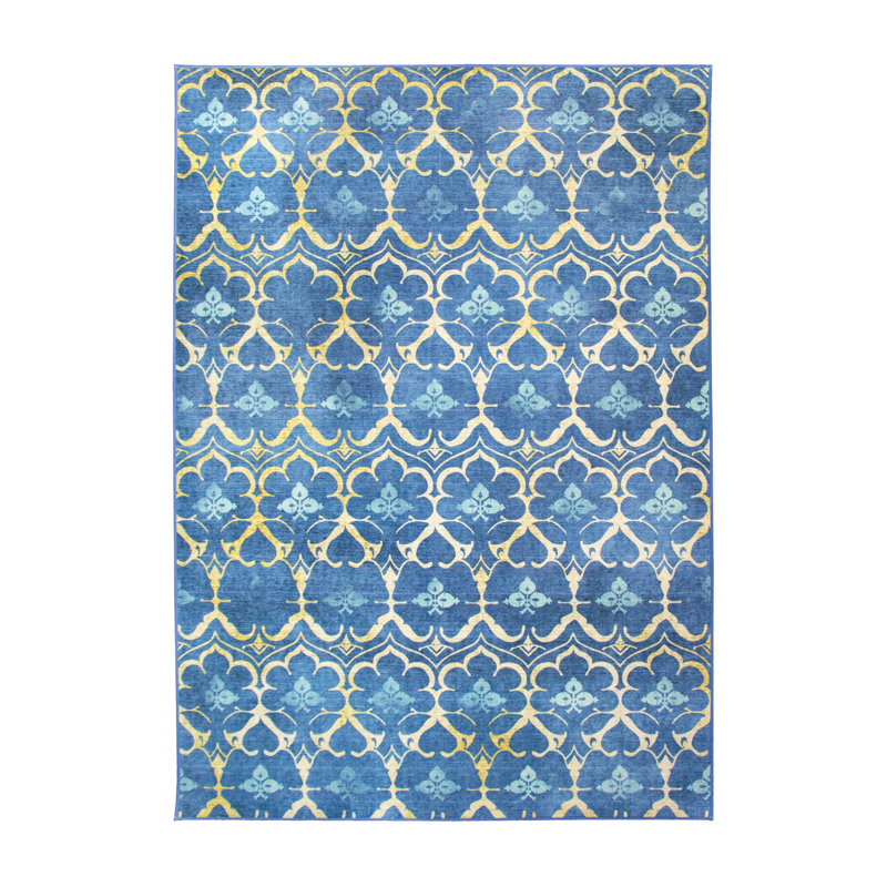 Tapis bleu / jaune tissé à plat Leilani, Rectangle 5 pi x 7 pi