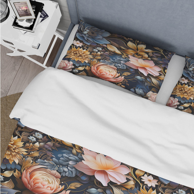 Ensemble de housse de couette floral doré et rose Galactic Gardens II, Housse de couette pour très grand lit et 2 très