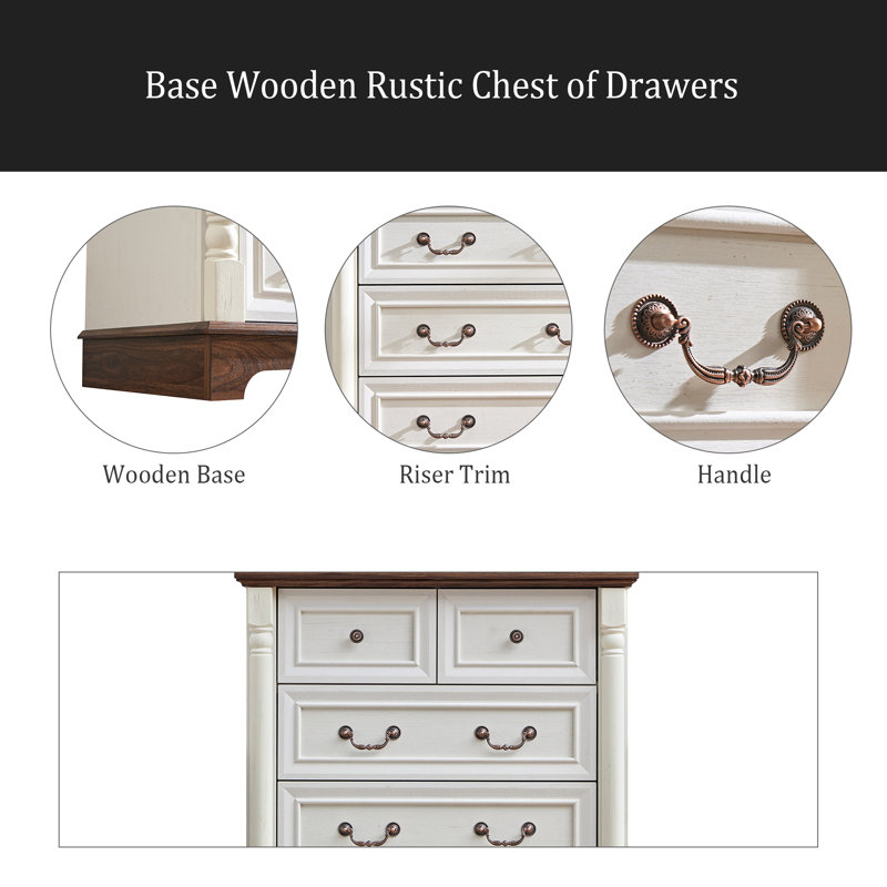 Commode à 5 tiroirs de style campagnard avec commode rustique en bois avec base, rangement pour commode pour chambre à coucher, salon, belle et robuste
