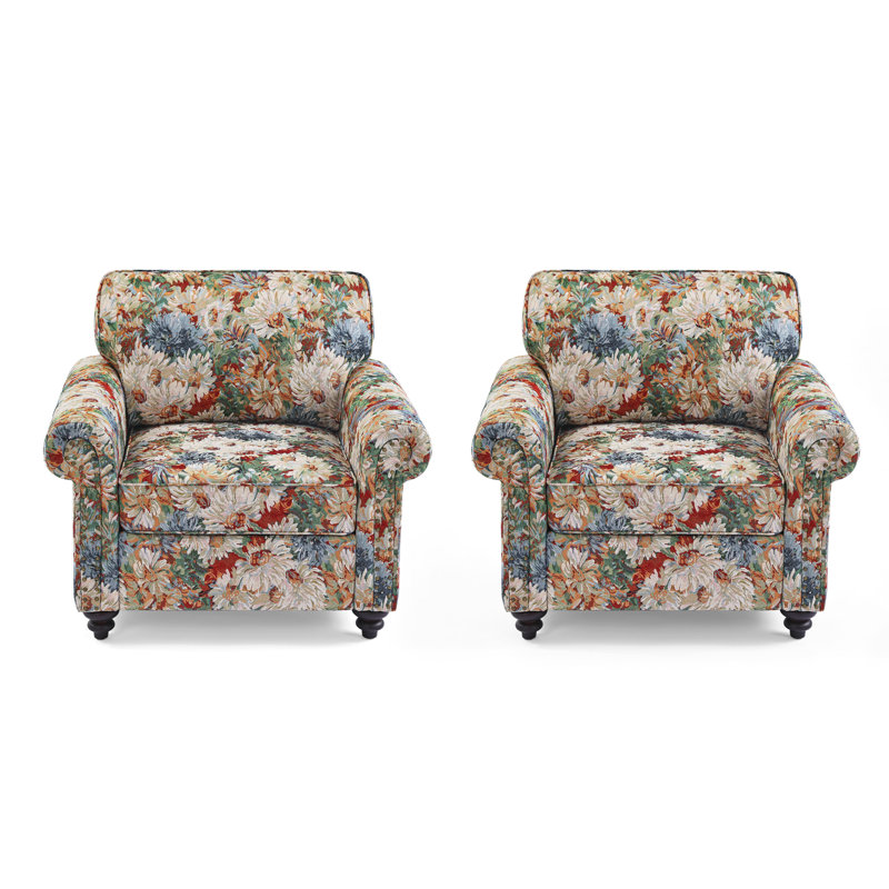 Fauteuil rembourré en mélange de coton avec accoudoirs arrondis et garniture cloutée (ensemble de 2), Fleurs orange