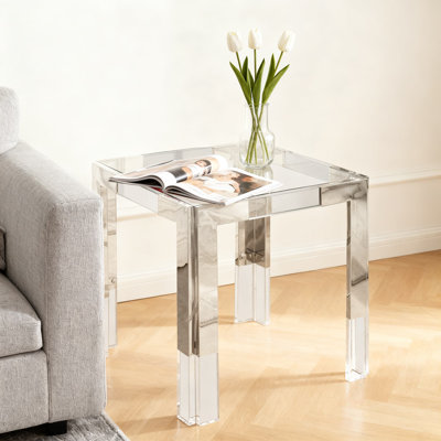 Modern Square End Table With Tempered Glass Top And Sturdy Stainless Steel Acrylic Base For Contemporary Living Room
