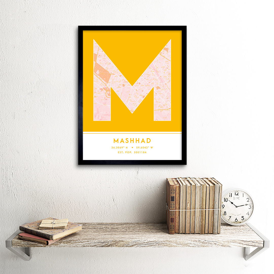 Mashhad City Map Mashhad Yellow by Wee Blue Coo - Single Picture Frame Typography