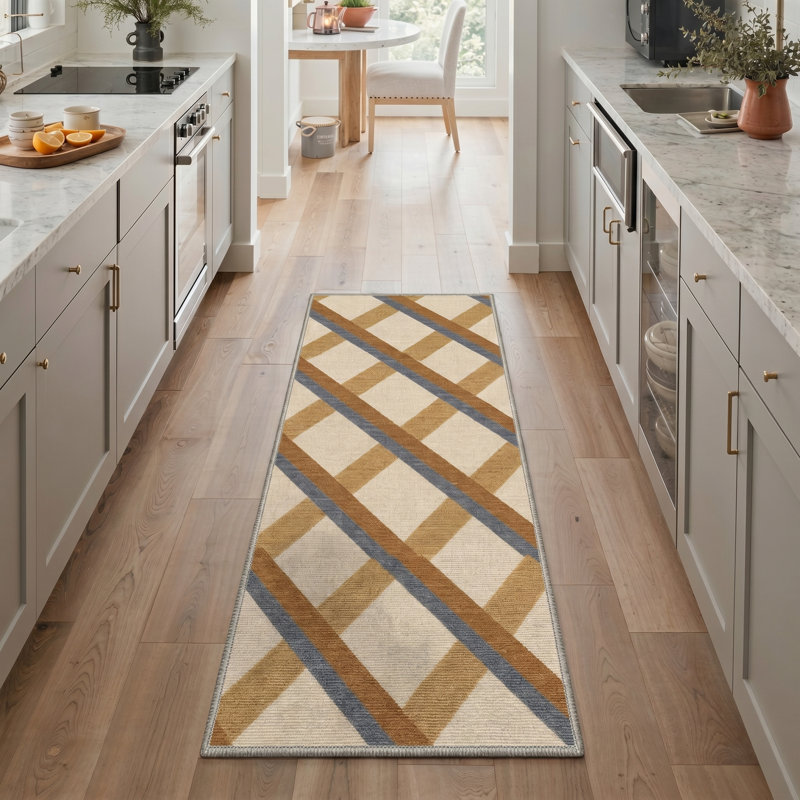 Tapis d'intérieur beige / brun / bleu lavable à la machine Arris avec envers antidérapant Arris, Runner 2' x 6'