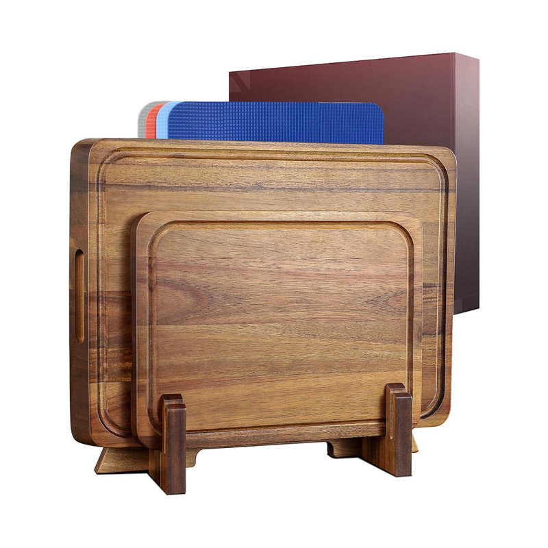 Acacia Wood and Plastic Rectangular Cutting Board Set with Holder