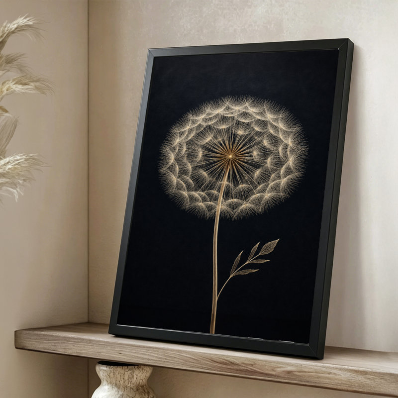 Tête de graine de pissenlit moderne et abstraite: isolée sur fond noir, style réalisme haute définition. Toile encadrée 24 "x 36" avec cadre en bois noir