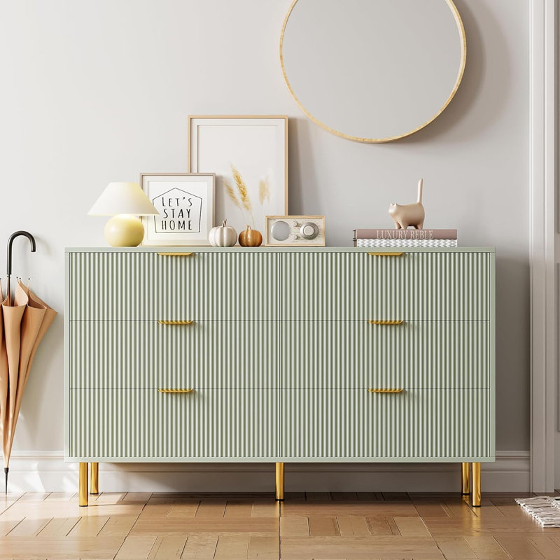 Commode verte à 6 tiroirs - moderne, poignées dorées, grands tiroirs, couloir