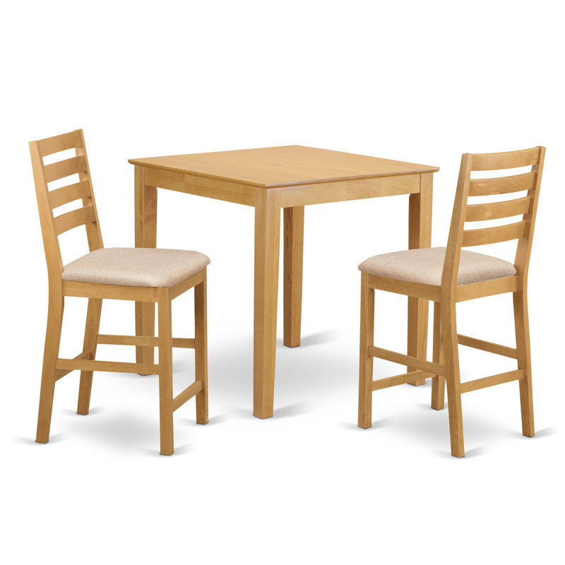 3 Piece Counter Height Pub Set for Small Spaces Contains a Square Kitchen Table and 2 Linen Fabric Dining Room Chairs, Oak