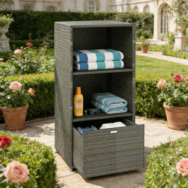 Outdoor Rattan Deck Box With Drawer And Shelf, Dark Grey
