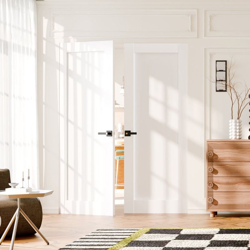 Porte intérieure à dalle - 2 panneaux de panneau de fibres à densité moyenne blanc de style Shaker avec porte à peindre avec poignée, quincaillerie non incluse