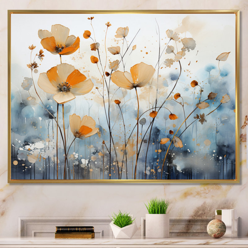 Art sur toile, "Orange Mute Botanicals II", Cadre flottant doré, H 12 po x l 20 po x P 1 po