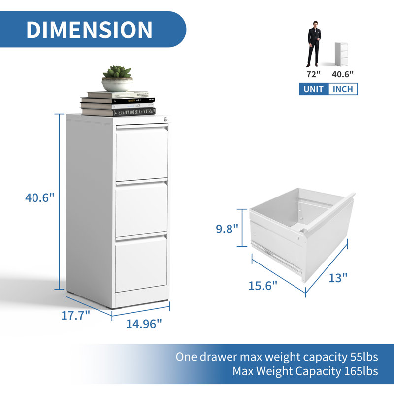 41"H 3 Drawer Metal Vertical Filing Storage Cabinets for Home Office A4/Letter/Legal Size Files, White