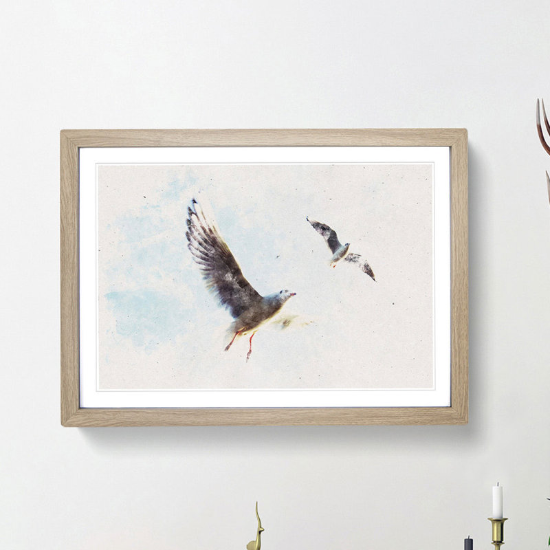 Pair of Flying Seagulls - Framed Print, 33cm H x 45cm W x 2cm D, Oak Framed