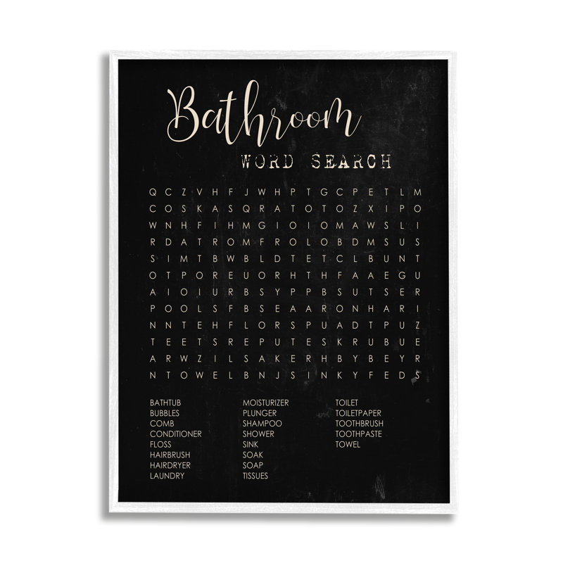 Salle de bain, recherche de mots sur fond noir vieilli, H 30 po x l 24 po, Giclée encadrée blanc bord de mer