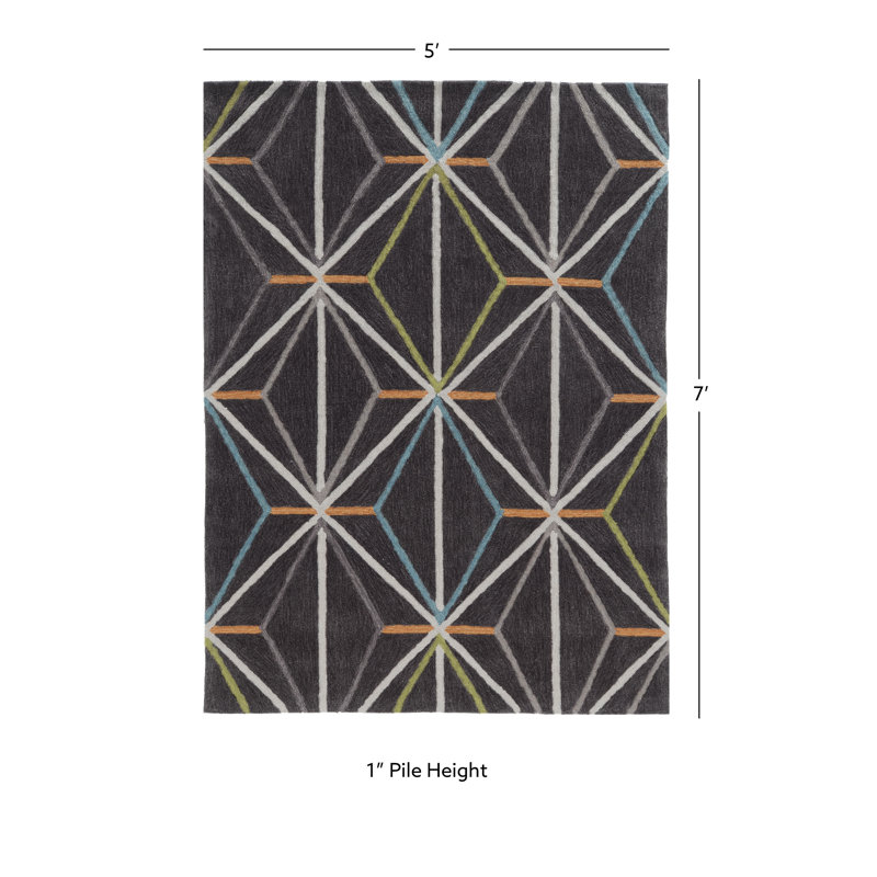 Kristopher Geometric Handmade Tufted Charcoal/Green Area Rug, Rectangle 5' x 7'