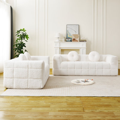 Canapé moderne sans os avec deux coussins décoratifs circulaires, tissu en polyester à poils longs texturé litchi doux pour la peau, canapé en mousse à carreaux
