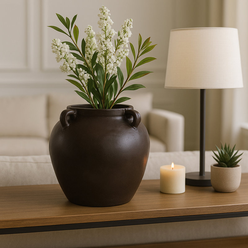 Rustic Heritage Table Vase For Home Decor - Elegant Tall Vase With Textured Finsh And Handles - Decorative Flower Vases Accent - Brown