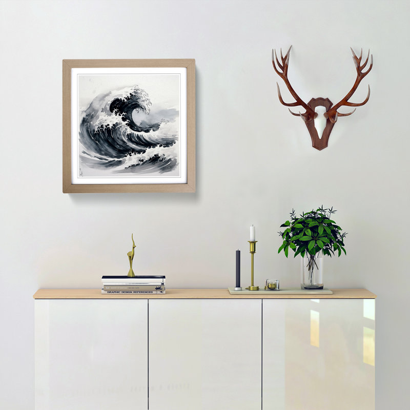 Japanese Wave Ink Wash - Framed Print, Oak