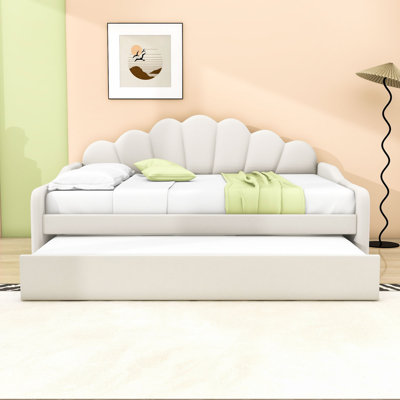 Full Upholstered Daybed Frame with Shell-Shaped Backrest and Twin Trundle by Mercer41