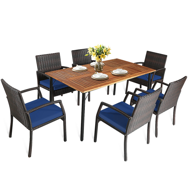 6 - Person Acacia Wicker Patio Dining Set with Rectangular Table , Cushions Included, Navy
