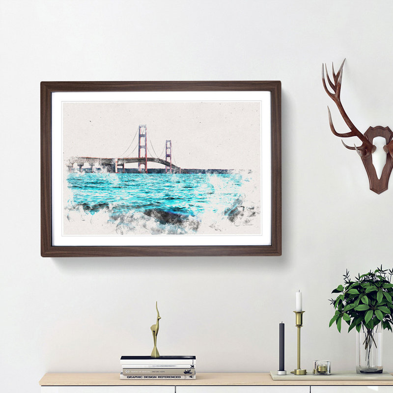 Mackinac Bridge in Michigan Watercolour - Picture Frame Graphic Art Print, Walnut Framed, 33cm H x 45cm W x 2cm D