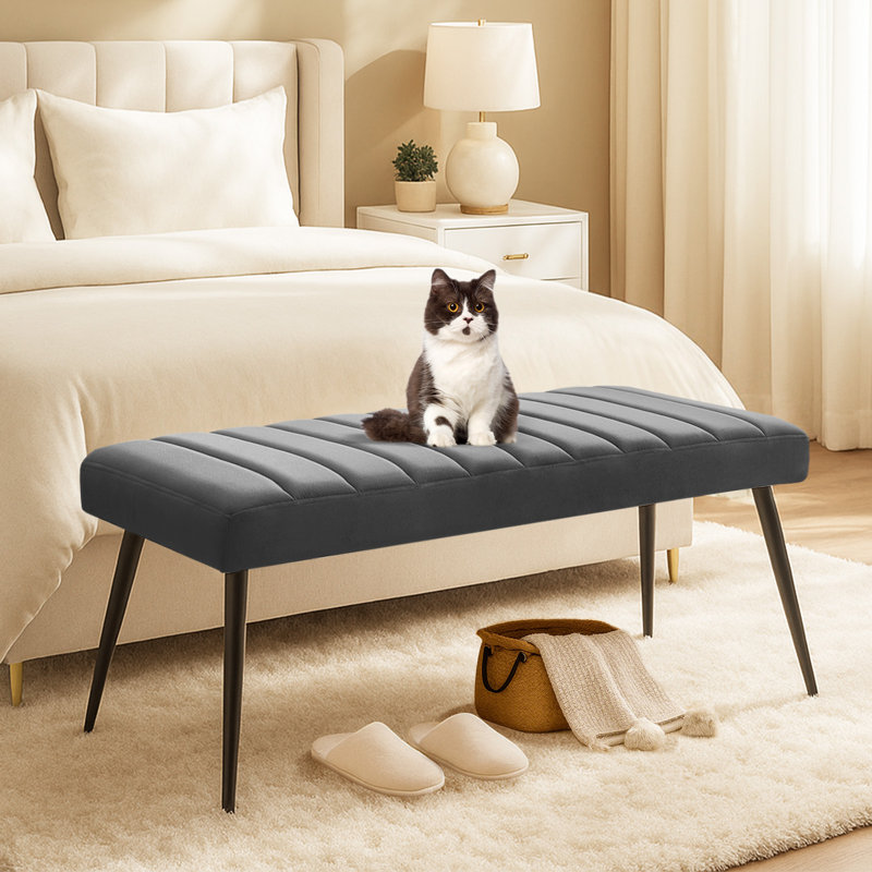 Velvet Upholstered Bench, Grey