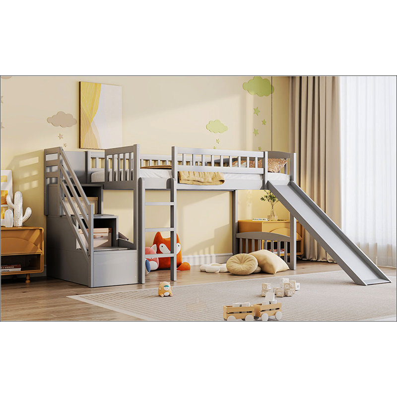 Lit mezzanine simple avec deux tiroirs et glissière Stairway, Gris