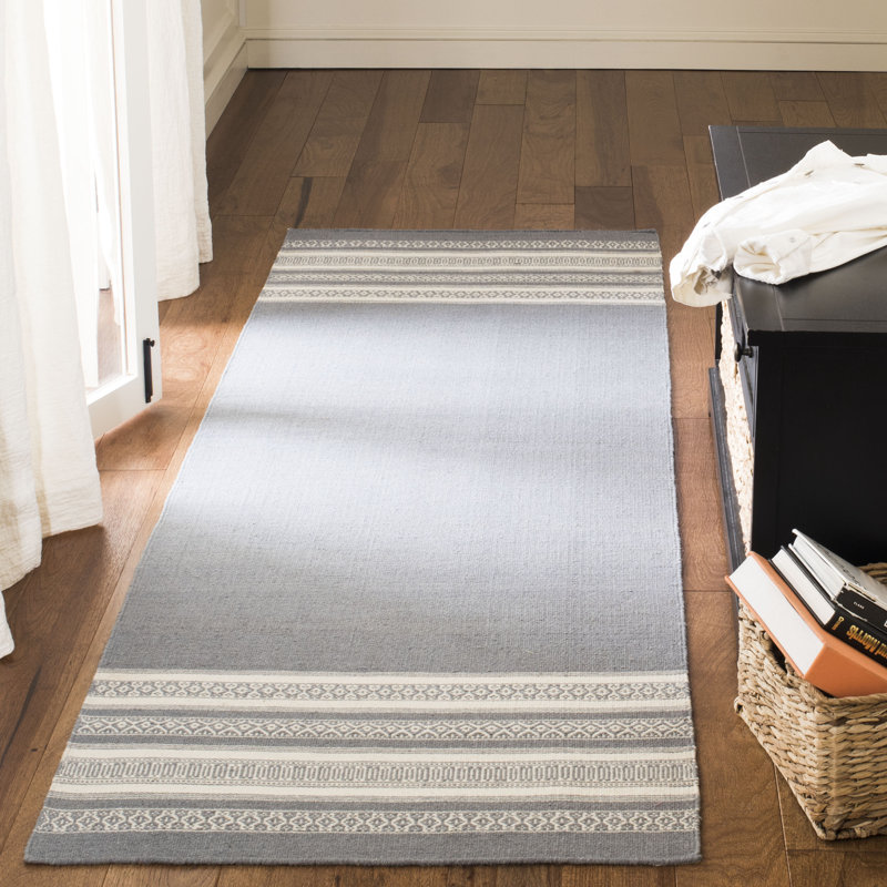 Rodgers Hand Woven Flat Weave Wool/Cotton Striped Rug in Gray, Runner 2'6" x 8'